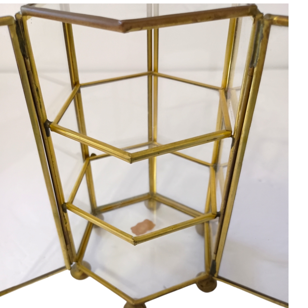 Vintage Glass Curio Cabinet Mini Brass Octagon 70s 80s Jewelry Trinket Box - Picture 15 of 16